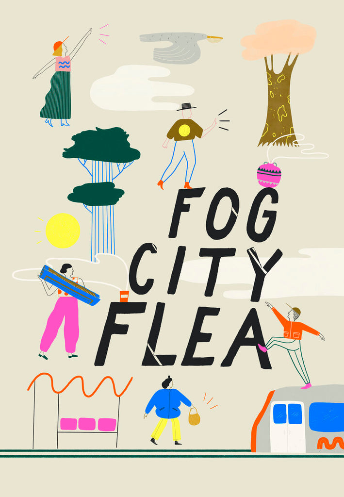 Fog City Flea Poster Colorful Modern art Figures amidst fog andtrees