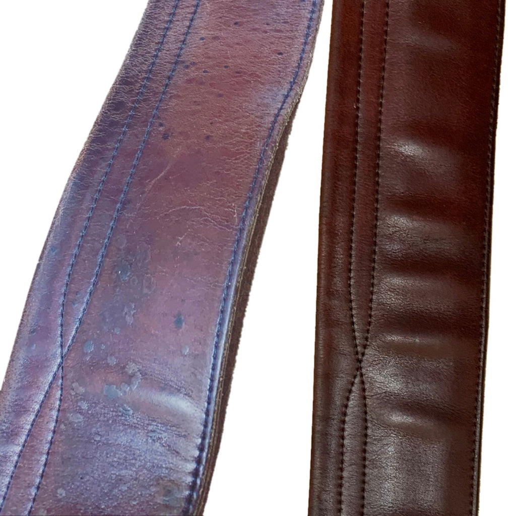 side by side of an older leather strap reconditioned